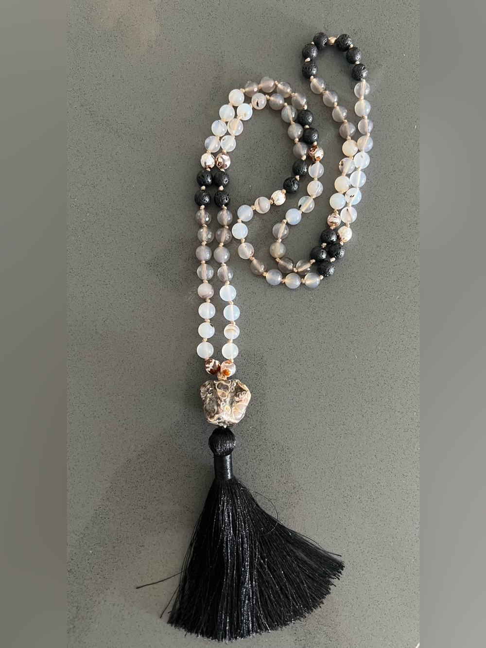 Handmade Tassel Beaded Necklace with Moonstone Beads Black Soft White Beige